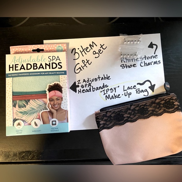3 Item GLAM/Relax SET: Rhinestone Shoe Charms, 2 Spa Headbands, & Ipsy MakeupBag - Picture 4 of 7